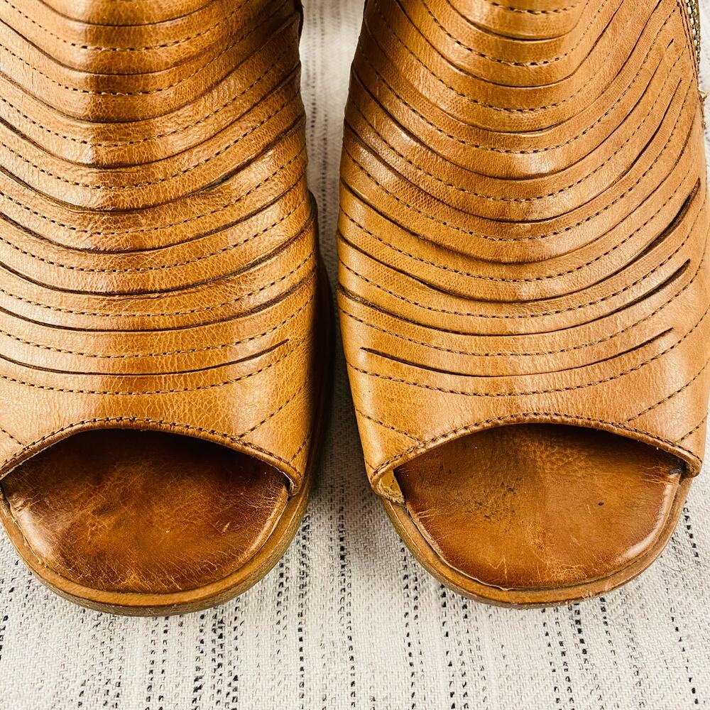 Paul Green Tan Leather Laser‎ Cut Open Toe Heeled Ankle Booties Size 5.5 - Picture 3 of 10